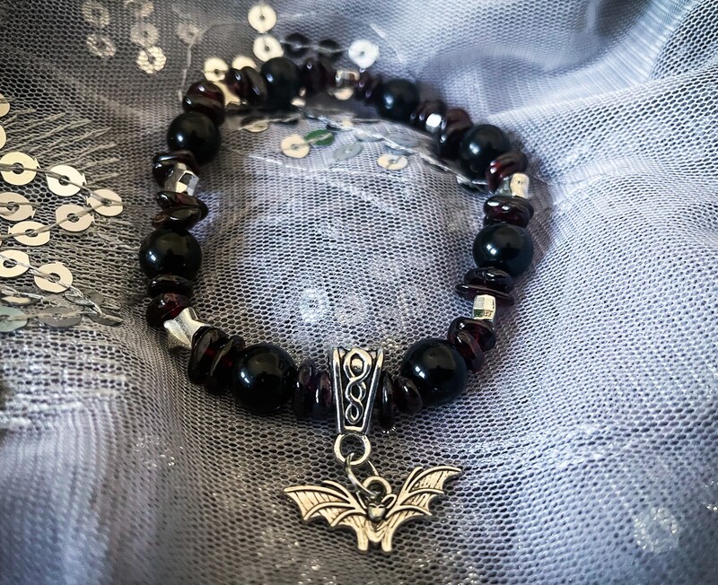 Vampire Bat Gemstone Charm Bracelet Red Garnet Black Obsidian
